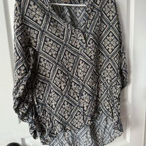 Bella D. Black and White Blouse with Flutter Sleeves and Mandarin Collar